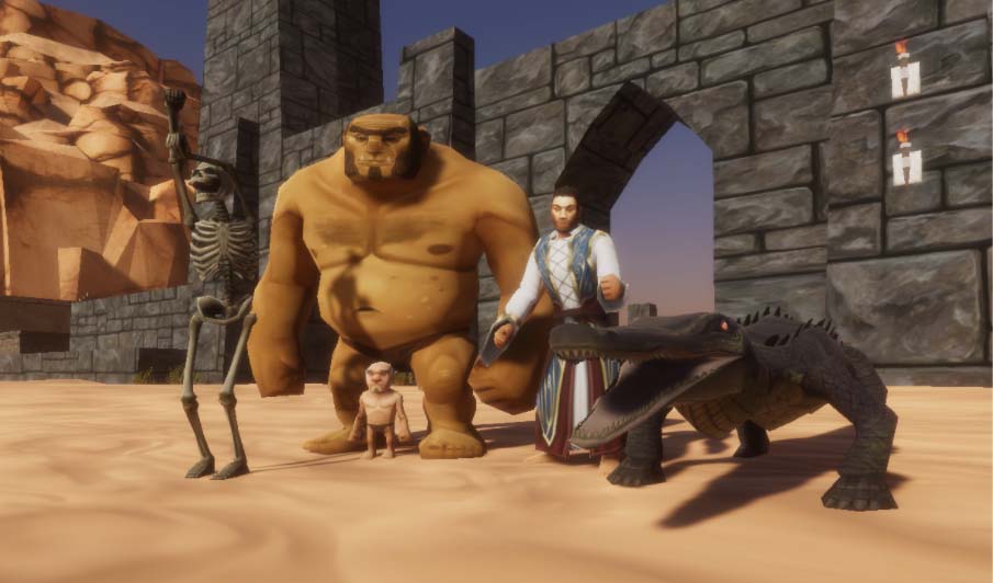 A party of ogre, humans, gnomes and more gather outside a stone gate.