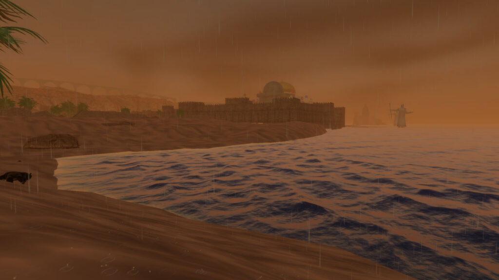 A scenic overview of a bay to a city with large statues holding staffs in the distance.